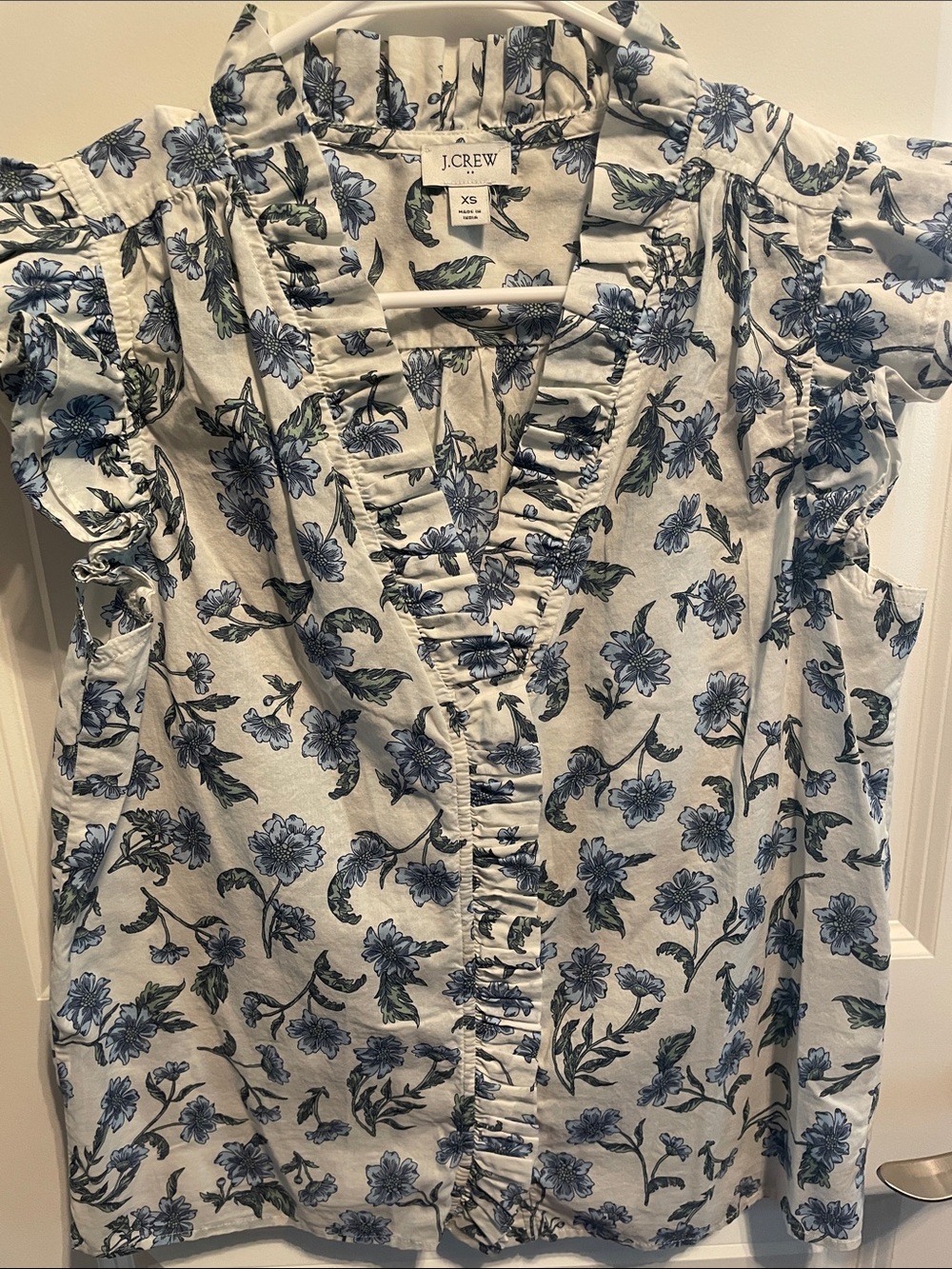 J. Crew Blue Floral Ruffle V-Neck Blouse on White